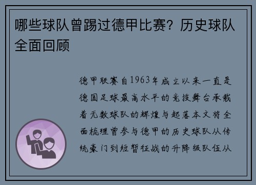 哪些球队曾踢过德甲比赛？历史球队全面回顾