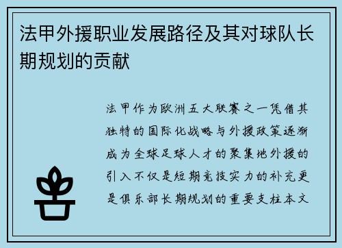 法甲外援职业发展路径及其对球队长期规划的贡献